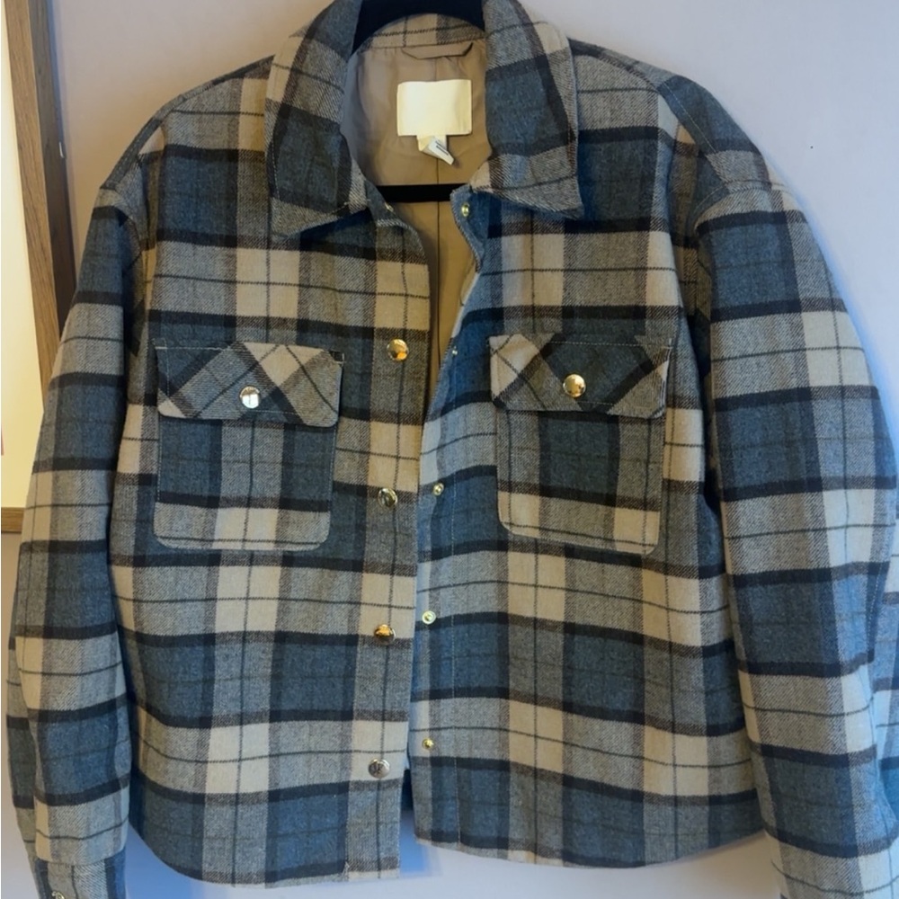 H&M Blue and Tan Plaid Shirt Jacket